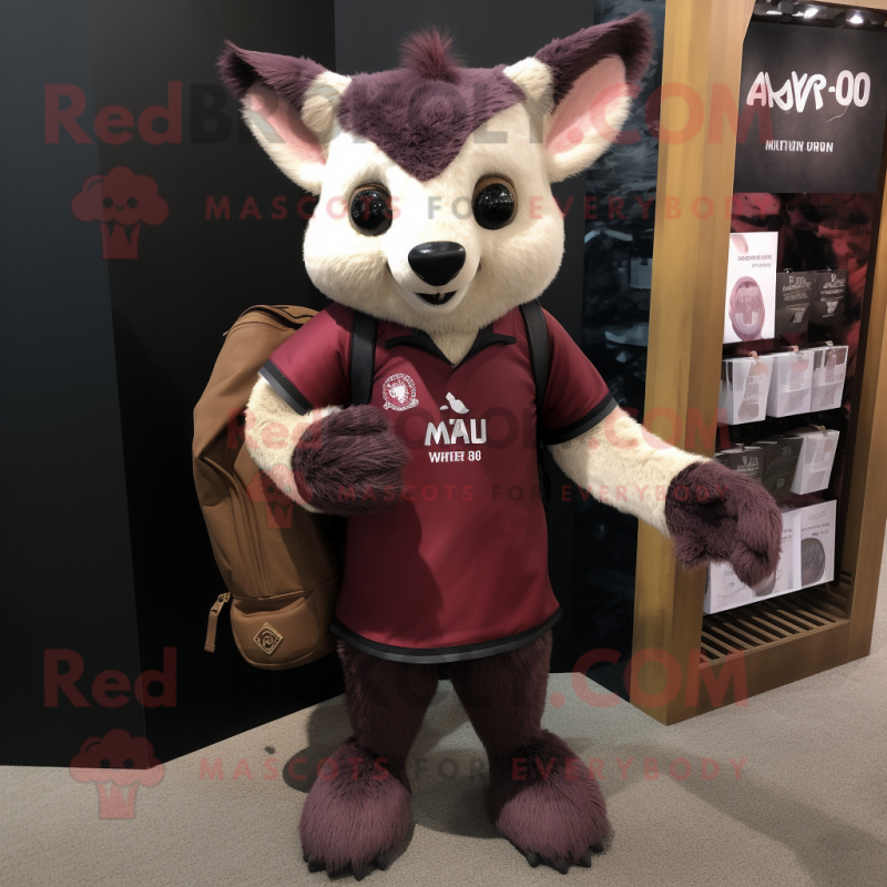Maroon Aye-Aye mascot costume character dressed with a V-Neck Tee and Messenger bags