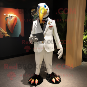 White Toucan mascot costume character dressed with a Dress Pants and Lapel pins