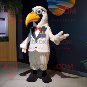 White Toucan mascot costume character dressed with a Dress Pants and Lapel pins