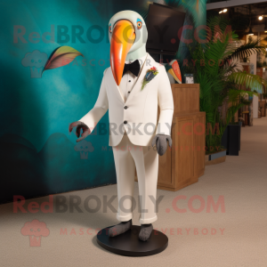 White Toucan mascot costume character dressed with a Dress Pants and Lapel pins