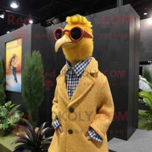 Gold Guinea Fowl mascot costume character dressed with a Cardigan and Sunglasses