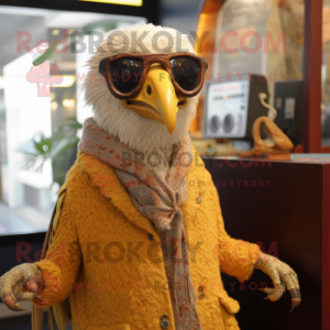 Gold Guinea Fowl mascot costume character dressed with a Cardigan and Sunglasses