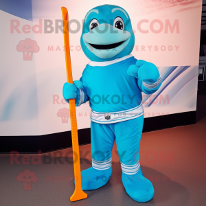 Cyan Ice Hockey Stick mascot costume character dressed with a Turtleneck and Bow ties