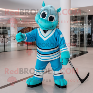 Cyan Ice Hockey Stick mascot costume character dressed with a Turtleneck and Bow ties