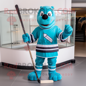 Cyan Ice Hockey Stick mascot costume character dressed with a Turtleneck and Bow ties