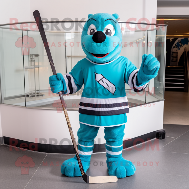 Cyan Ice Hockey Stick mascot costume character dressed with a Turtleneck and Bow ties Cyan Ice Hockey Stick mascot costume character dressed with a Turtleneck and Bow ties