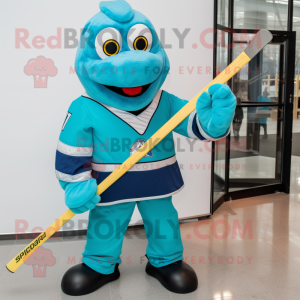 Cyan Ice Hockey Stick mascot costume character dressed with a Turtleneck and Bow ties