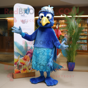 Blue Peacock mascot costume character dressed with a Board Shorts and Caps