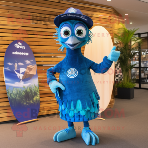 Blue Peacock mascot costume character dressed with a Board Shorts and Caps