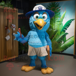 Blue Peacock mascot costume character dressed with a Board Shorts and Caps