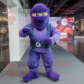 Purple Ninja mascot costume character dressed with a Denim Shorts and Shoe clips