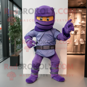 Purple Ninja mascot costume character dressed with a Denim Shorts and Shoe clips