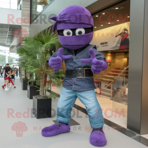 Purple Ninja mascot costume character dressed with a Denim Shorts and Shoe clips