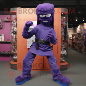 Purple Ninja mascot costume character dressed with a Denim Shorts and Shoe clips