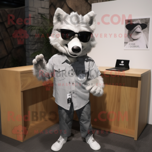 Silver Wolf mascot costume character dressed with a Oxford Shirt and Sunglasses