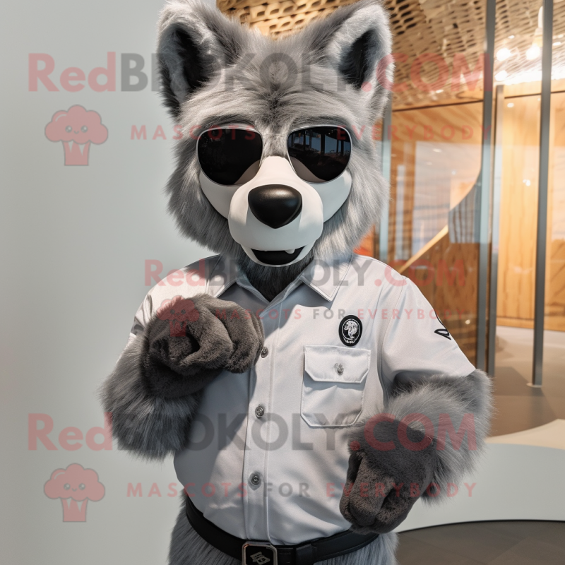 Silver Wolf mascot costume character dressed with a Oxford Shirt and Sunglasses