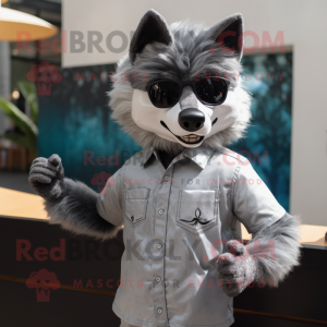 Silver Wolf mascot costume character dressed with a Oxford Shirt and Sunglasses