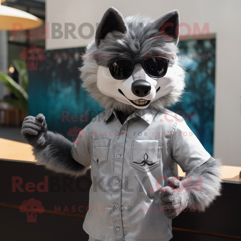 Silver Wolf mascot costume character dressed with a Oxford Shirt and Sunglasses Silver Wolf mascot costume character dressed with a Oxford Shirt and Sunglasses