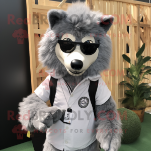 Silver Wolf mascot costume character dressed with a Oxford Shirt and Sunglasses