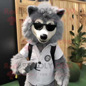 Silver Wolf mascot costume character dressed with a Oxford Shirt and Sunglasses