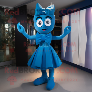 Blue Acrobat mascot costume character dressed with a Midi Dress and Bow ties