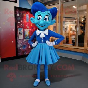 Blue Acrobat mascot costume character dressed with a Midi Dress and Bow ties