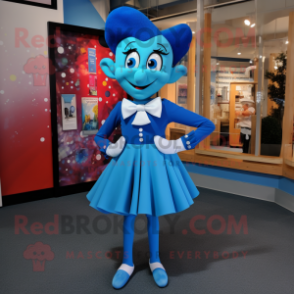 Blue Acrobat mascot costume character dressed with a Midi Dress and Bow ties