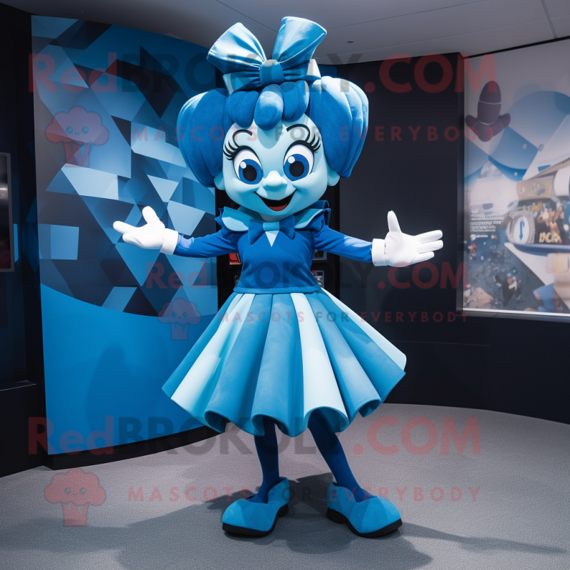 Blue Acrobat mascot costume character dressed with a Midi Dress and Bow ties