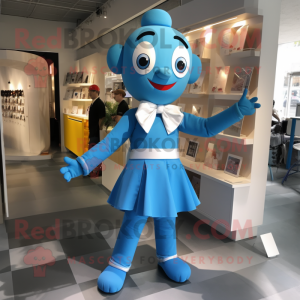 Blue Acrobat mascot costume character dressed with a Midi Dress and Bow ties