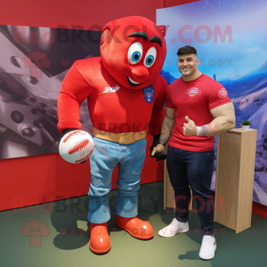 Red Rugby Ball mascot costume character dressed with a Boyfriend Jeans and Cufflinks