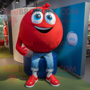 Red Rugby Ball mascot costume character dressed with a Boyfriend Jeans and Cufflinks