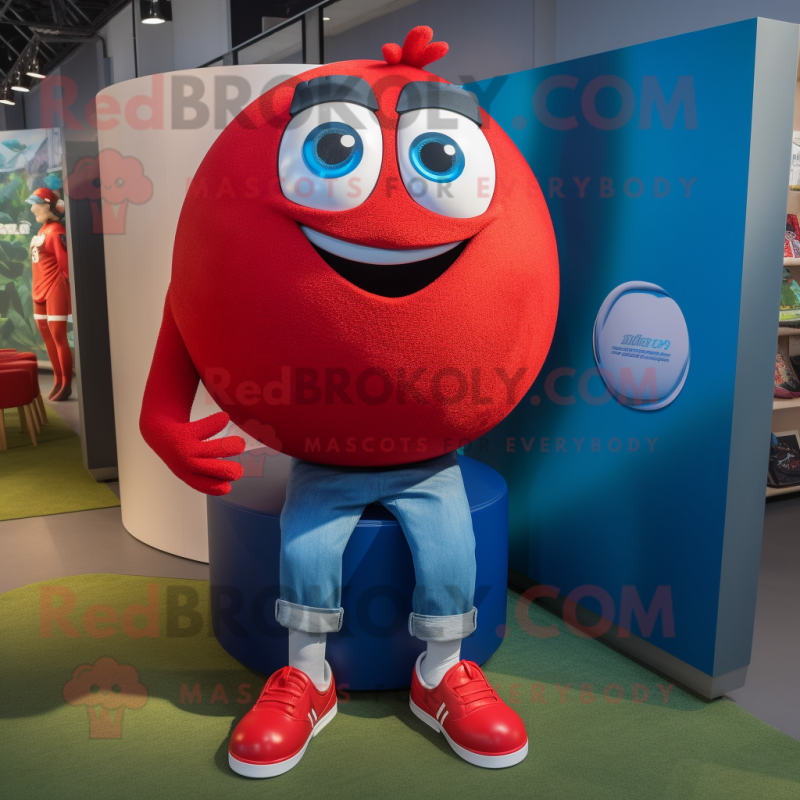 Red Rugby Ball mascot costume character dressed with a Boyfriend Jeans and Cufflinks Red Rugby Ball mascot costume character dressed with a Boyfriend Jeans and Cufflinks