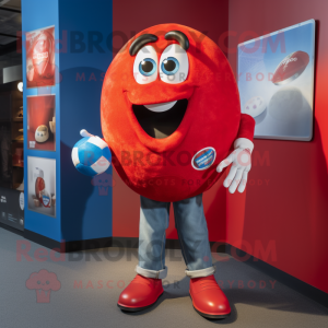 Red Rugby Ball mascot costume character dressed with a Boyfriend Jeans and Cufflinks