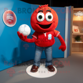 Red Rugby Ball mascot costume character dressed with a Boyfriend Jeans and Cufflinks