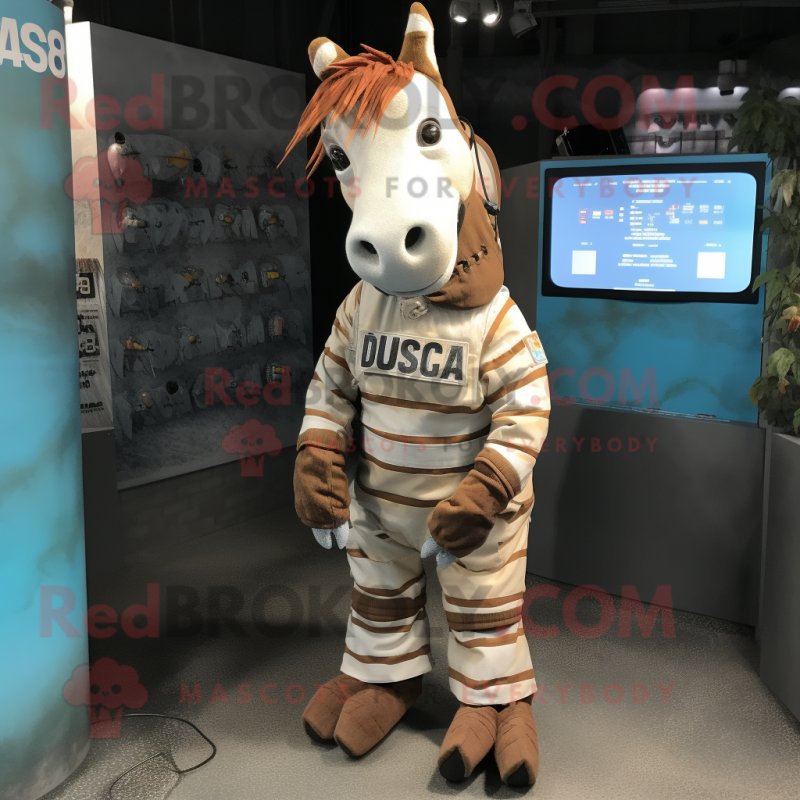 Rust Quagga mascot costume character dressed with a Overalls and Keychains Rust Quagga mascot costume character dressed with a Overalls and Keychains