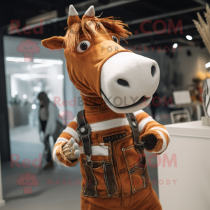 Rust Quagga mascot costume character dressed with a Overalls and Keychains