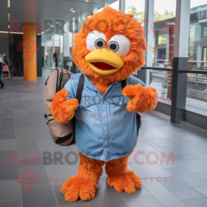 Orange Fried Chicken mascot costume character dressed with a Flare Jeans and Backpacks