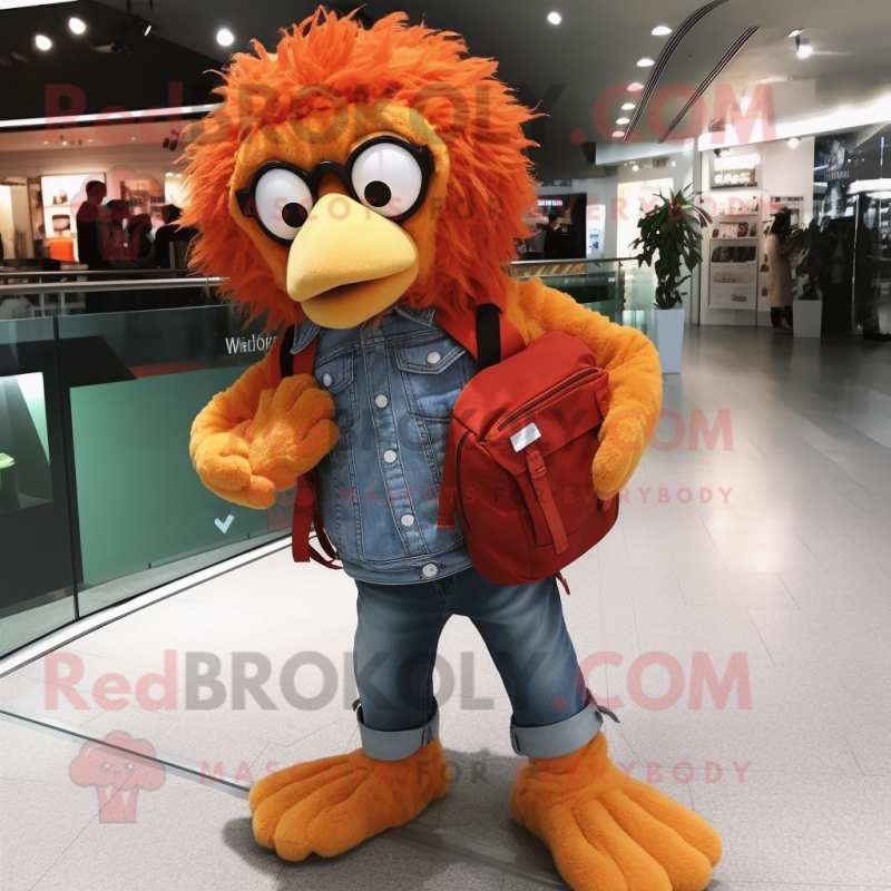 Orange Fried Chicken mascot costume character dressed with a Flare Jeans and Backpacks Orange Fried Chicken mascot costume character dressed with a Flare Jeans and Backpacks