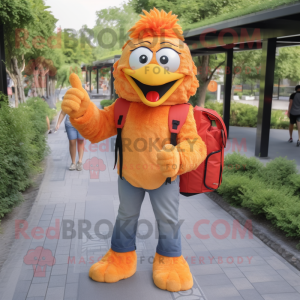 Orange Fried Chicken mascot costume character dressed with a Flare Jeans and Backpacks