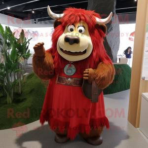 Red Yak mascot costume character dressed with a A-Line Dress and Rings
