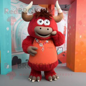 Red Yak mascot costume character dressed with a A-Line Dress and Rings