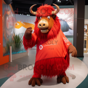 Red Yak mascot costume character dressed with a A-Line Dress and Rings