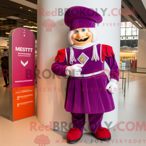 Maskotfigur av en magenta...