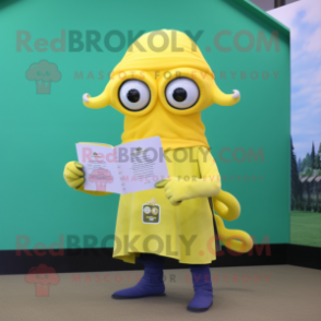 Lemon Yellow Kraken mascot costume character dressed with a Yoga Pants and Reading glasses