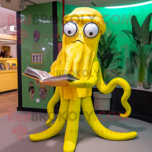 Lemon Yellow Kraken mascot costume character dressed with a Yoga Pants and Reading glasses