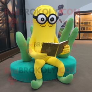 Lemon Yellow Kraken mascot costume character dressed with a Yoga Pants and Reading glasses