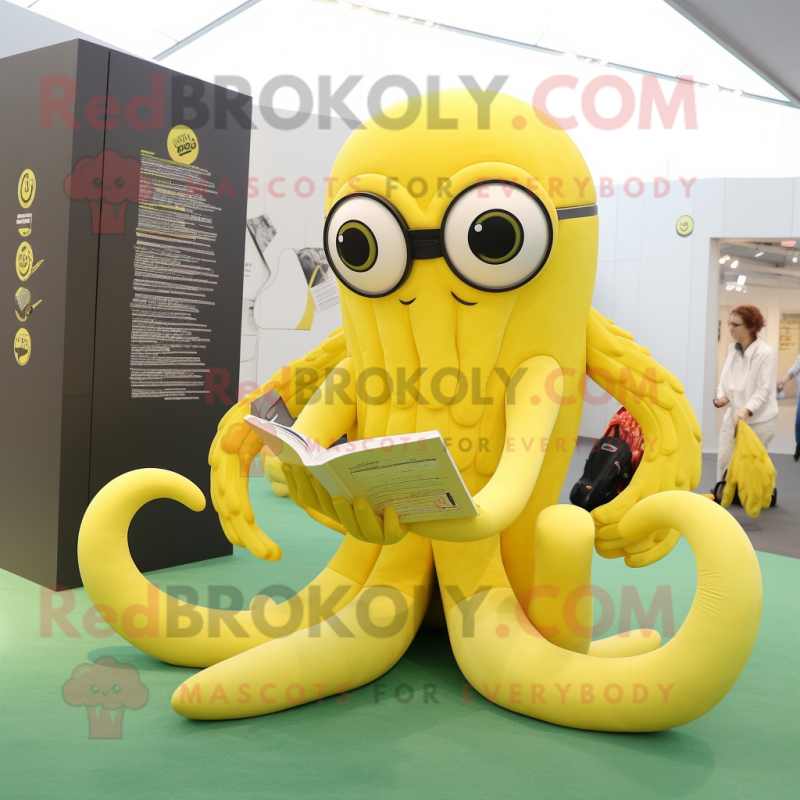 Lemon Yellow Kraken mascot costume character dressed with a Yoga Pants and Reading glasses