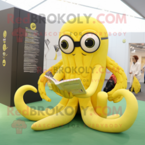Lemon Yellow Kraken mascot costume character dressed with a Yoga Pants and Reading glasses