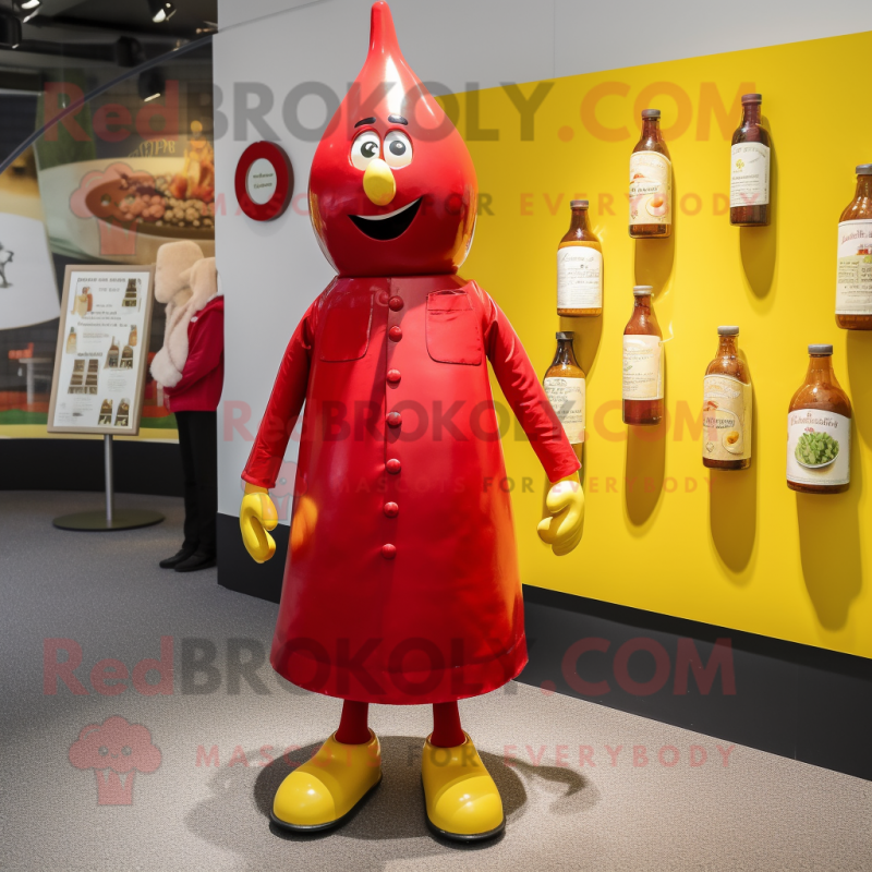 Red Bottle Of Mustard mascot costume character dressed with a Playsuit and Lapel pins