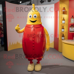 Red Bottle Of Mustard mascot costume character dressed with a Playsuit and Lapel pins